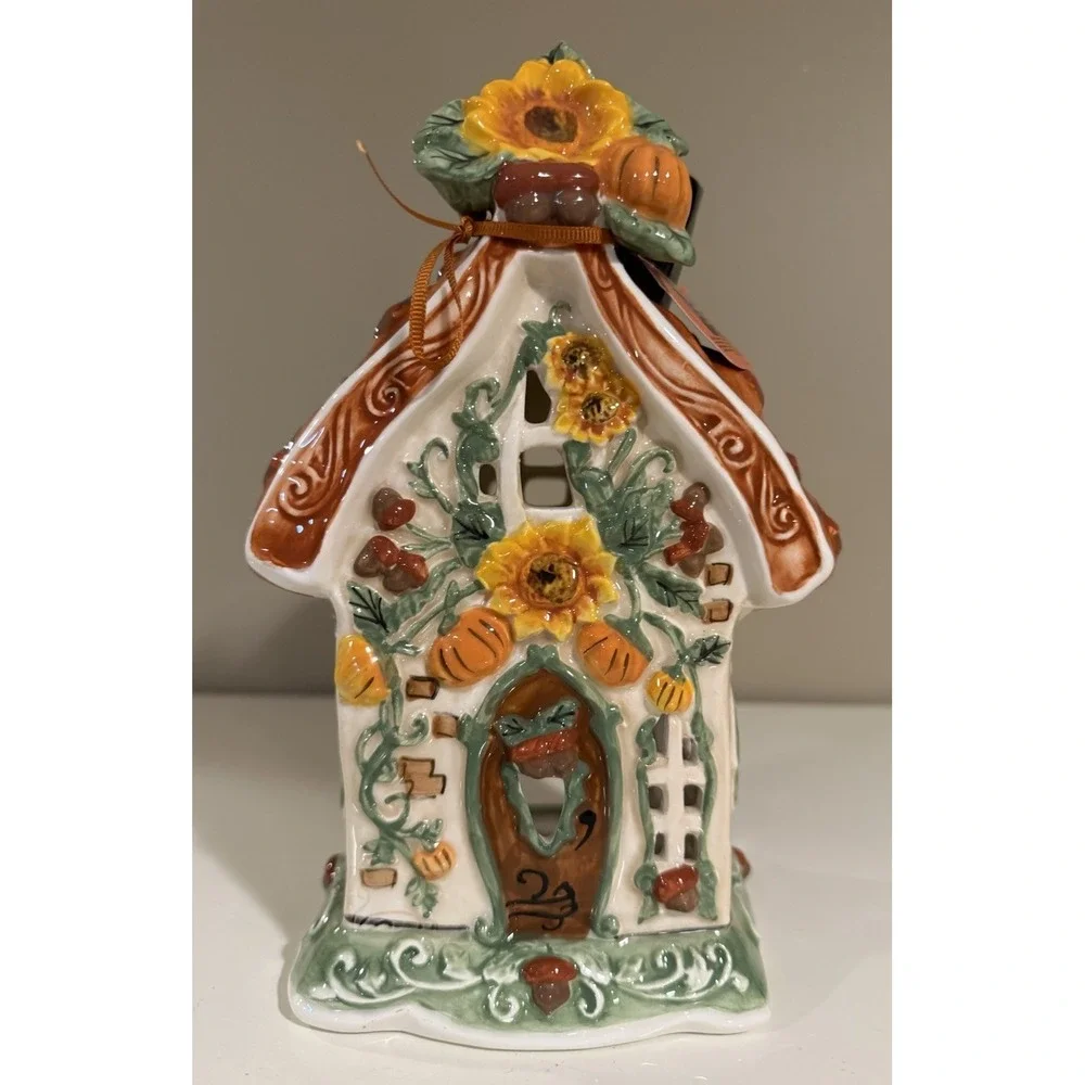 Blue Sky Heather Goldminc Harvest House Ceramic Luminary Candle Holder 10